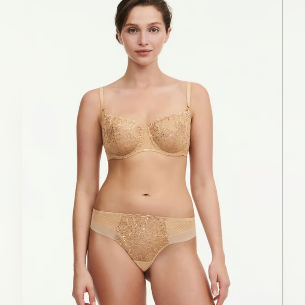 Size 34D - New CHANTELLE Fleurs Signature Demi Bra-Toffee Sequins - Picture 5 of 10